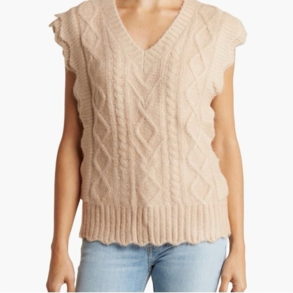 FRNCH Paris Tamara Cable Knit Sweater Vest Scalloped Sleeveless Tan Size XS